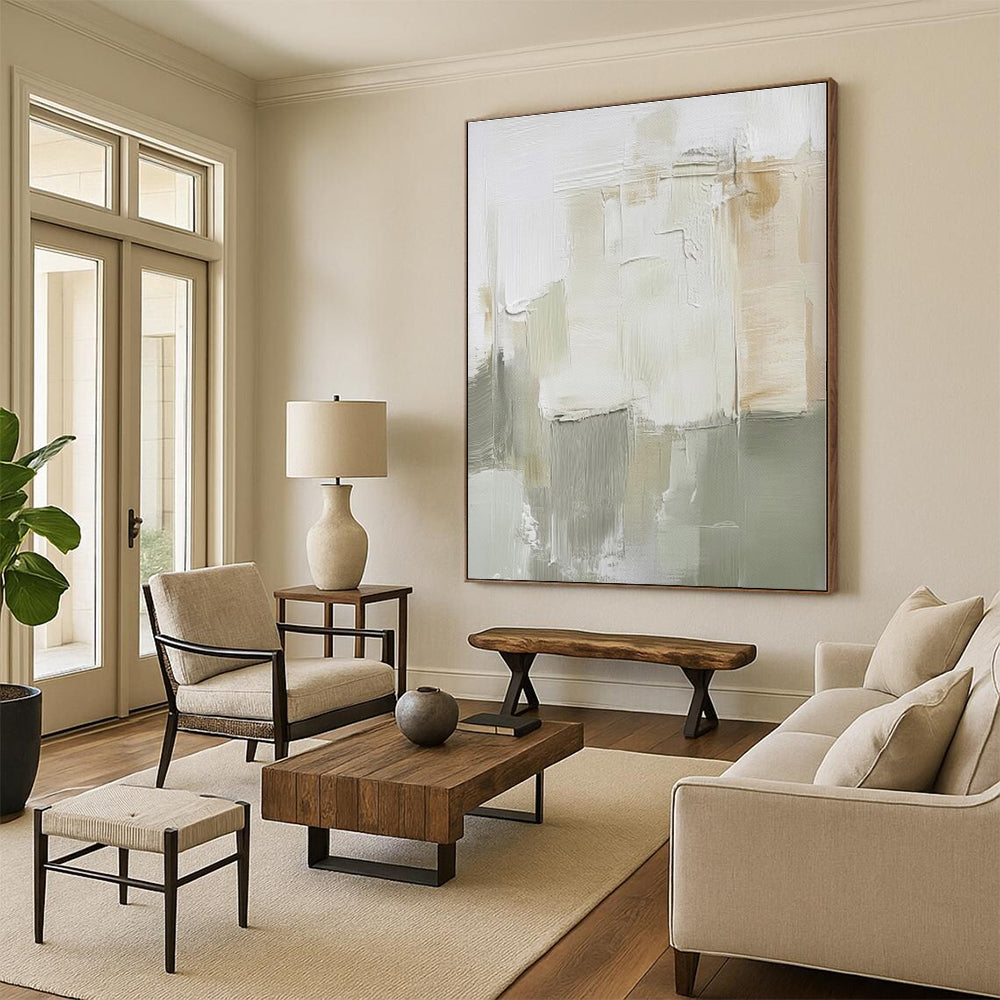 “Soft Neutral Abstract” - Beige, Gray, White Abstract Painting On Canvas PS0439