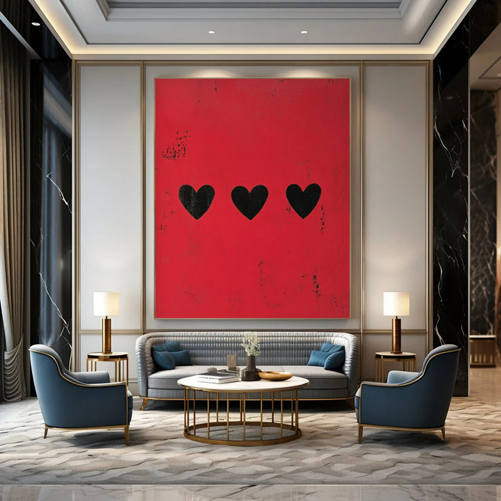 Red and Black Hearts, "Love Marks" – Minimalist Abstract Painting On Canvas PS0950