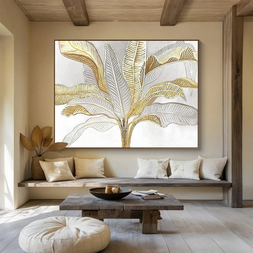 “Gold - Silver Tropical Foliage” - Elegant Botanical Painting On Canvas PT1560