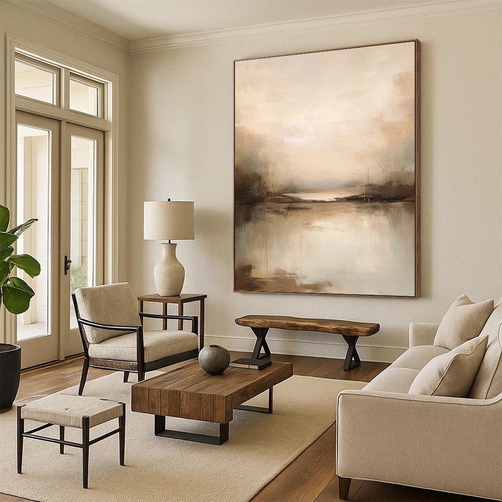 “Neutral - Toned Lake Abstract” - Impressionist Abstract Painting On Canvas PT1253