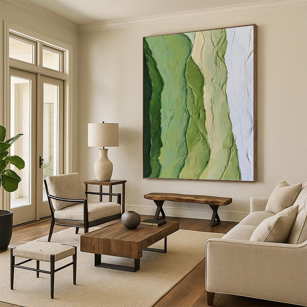 “Green - White Textured Waves” - Impasto Abstract Painting On Canvas PT1196