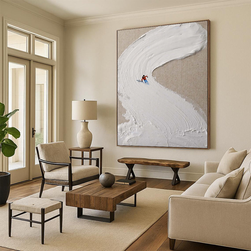 “Skier on Textured White Slope” - Minimalist Winter Sports Painting On Canvas DS311