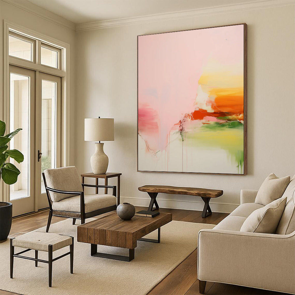 “Pink, Orange, and Green Abstract” - Colorful Drip Painting On Canvas PT0991