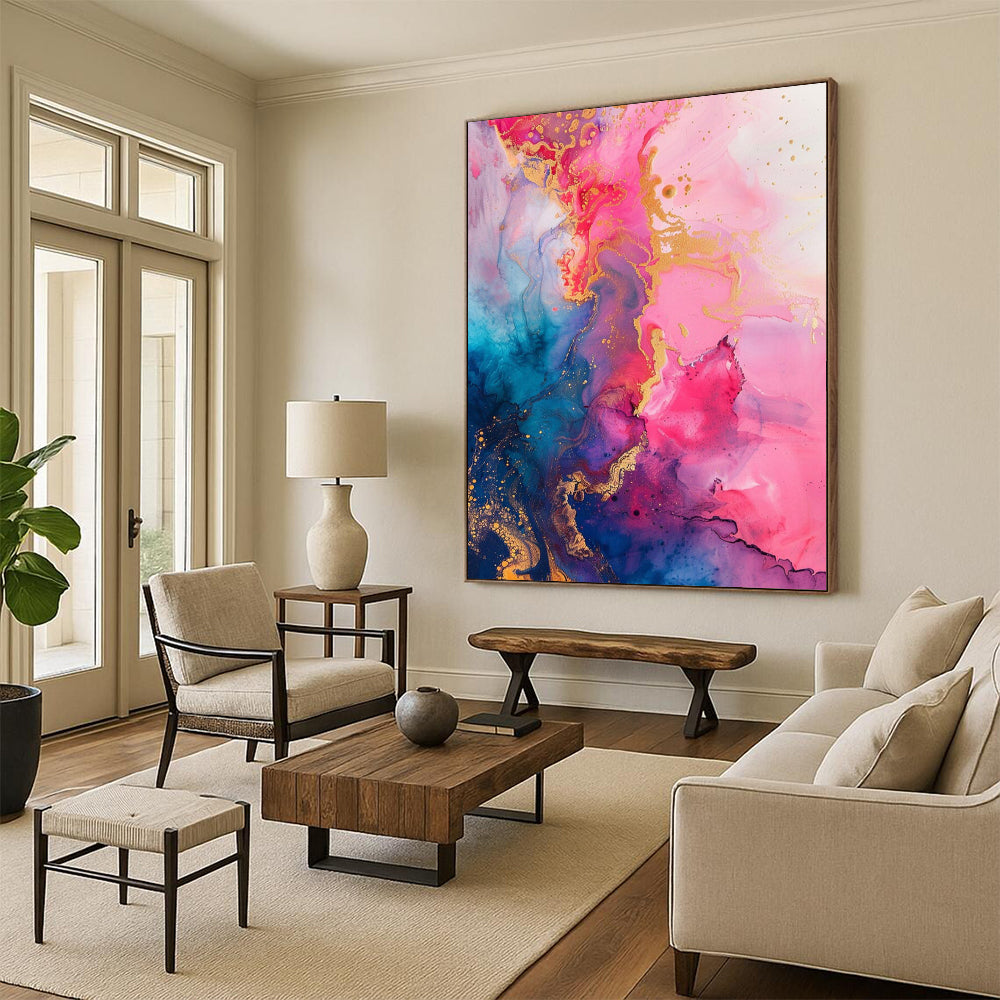 “Pink, Blue & Gold Ink Flow” - Fluid Abstract Painting On Canvas DS286
