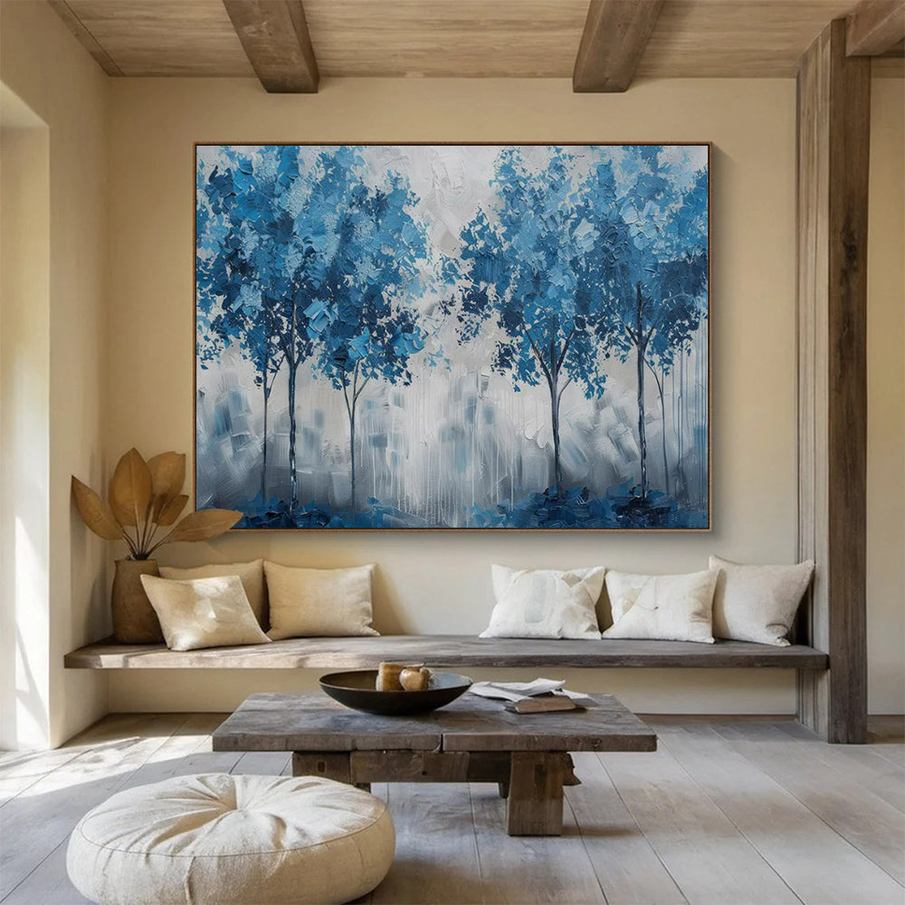 “Blue Trees Against Gray - White Background” - Abstract Landscape - Painting On Canvas PT1758