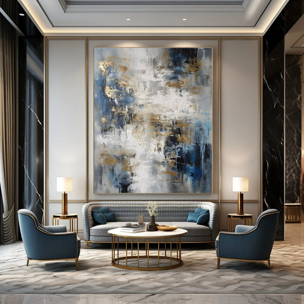 Gray, Blue, Gold with Abstract Drips and Splashes "Gilded Drizzle" Abstract Painting On Canvas PS1303