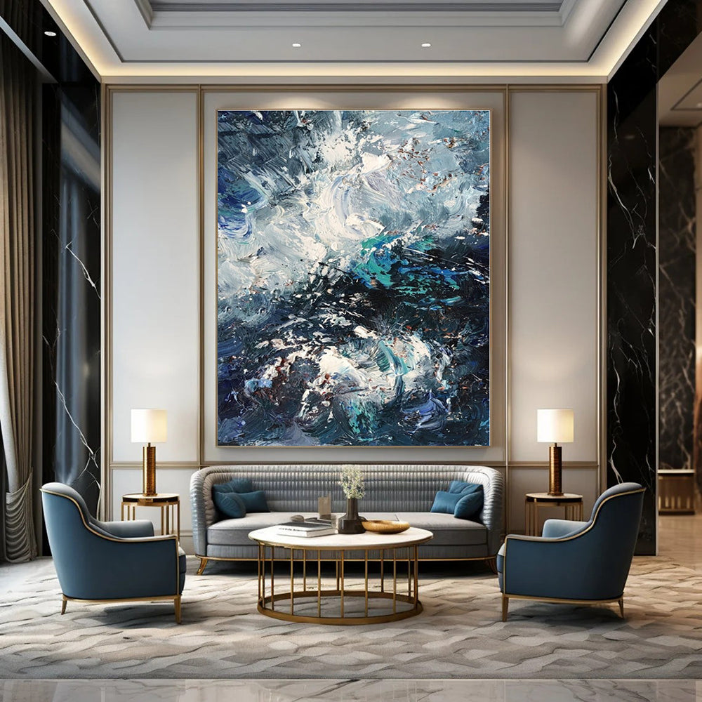 Blue, White, Gray with Dynamic Textures "Crashing Waves" Abstract Painting On Canvas PS1351