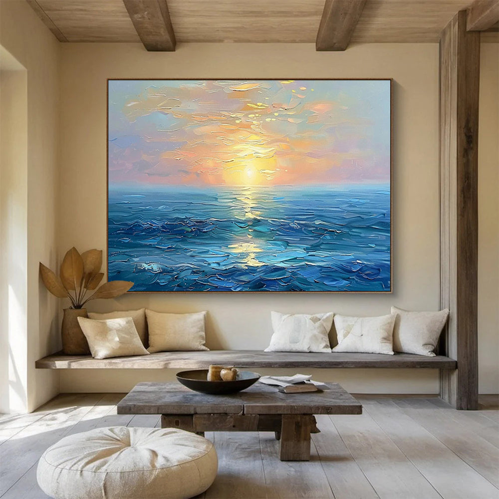 “Serene Sunset Sea” - Blue, Orange & Yellow Seascape, Expressive Oil Painting On Canvas DKS767