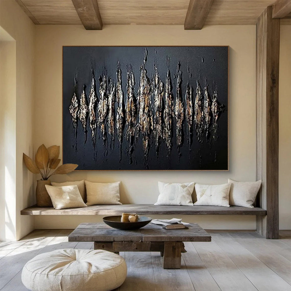 Black with Gold - Brown Textured Strokes Abstract Painting On Canvas DKS097