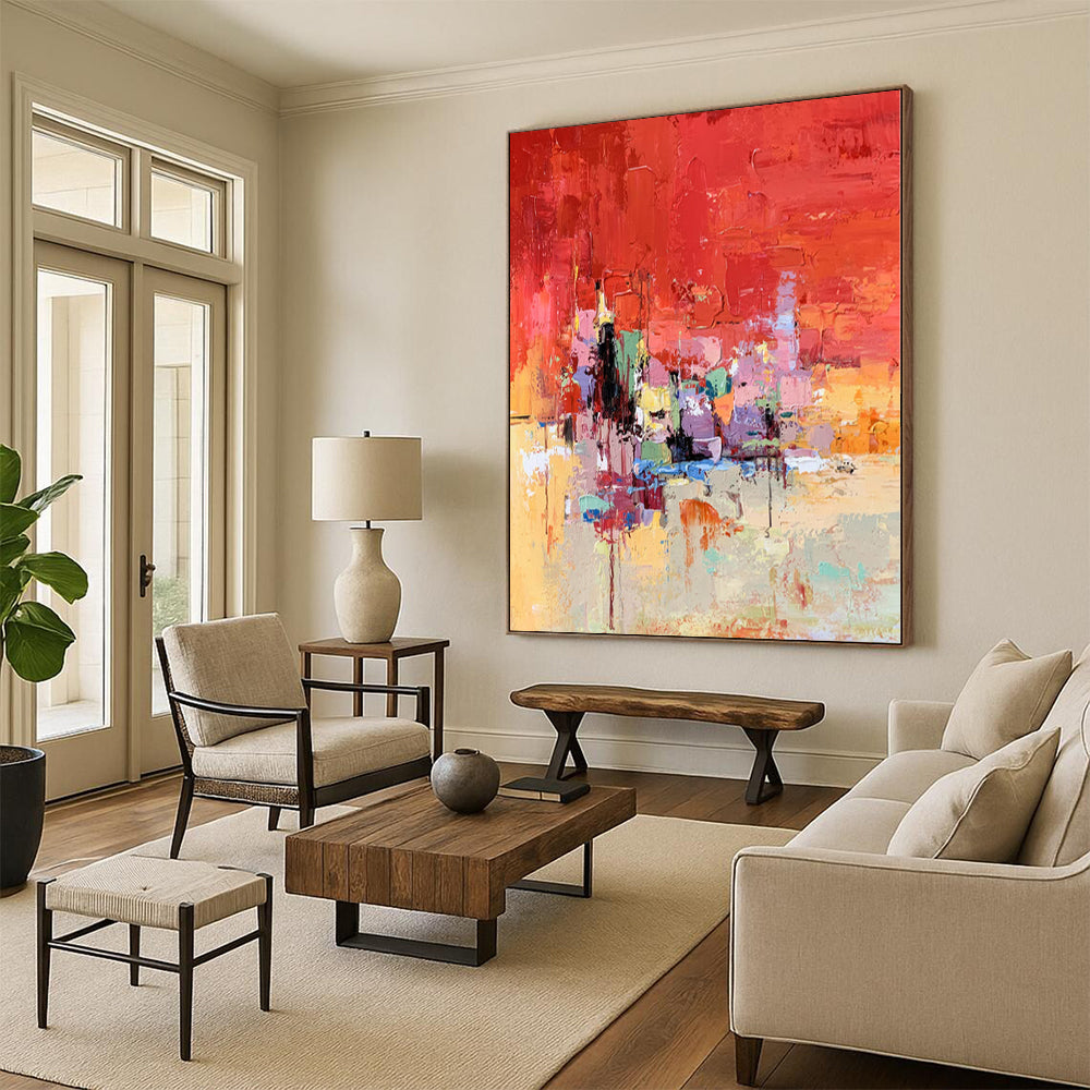 “Vibrant Red - Based Abstract Cityscape” - Expressive Abstract Painting On Canvas PS0291