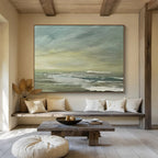 “Muted Coastal Landscape in Greens and Grays” - Subtle Seascape Oil Painting On Canvas PT027