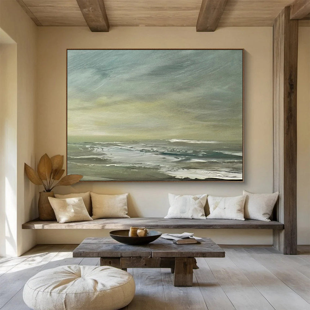 “Muted Coastal Landscape in Greens and Grays” - Subtle Seascape Oil Painting On Canvas PT027