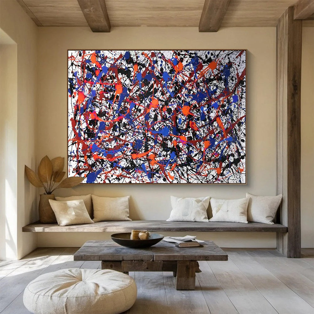 “Blue - Red - Black Splatter” - Abstract Action - Painting On Canvas PT1728