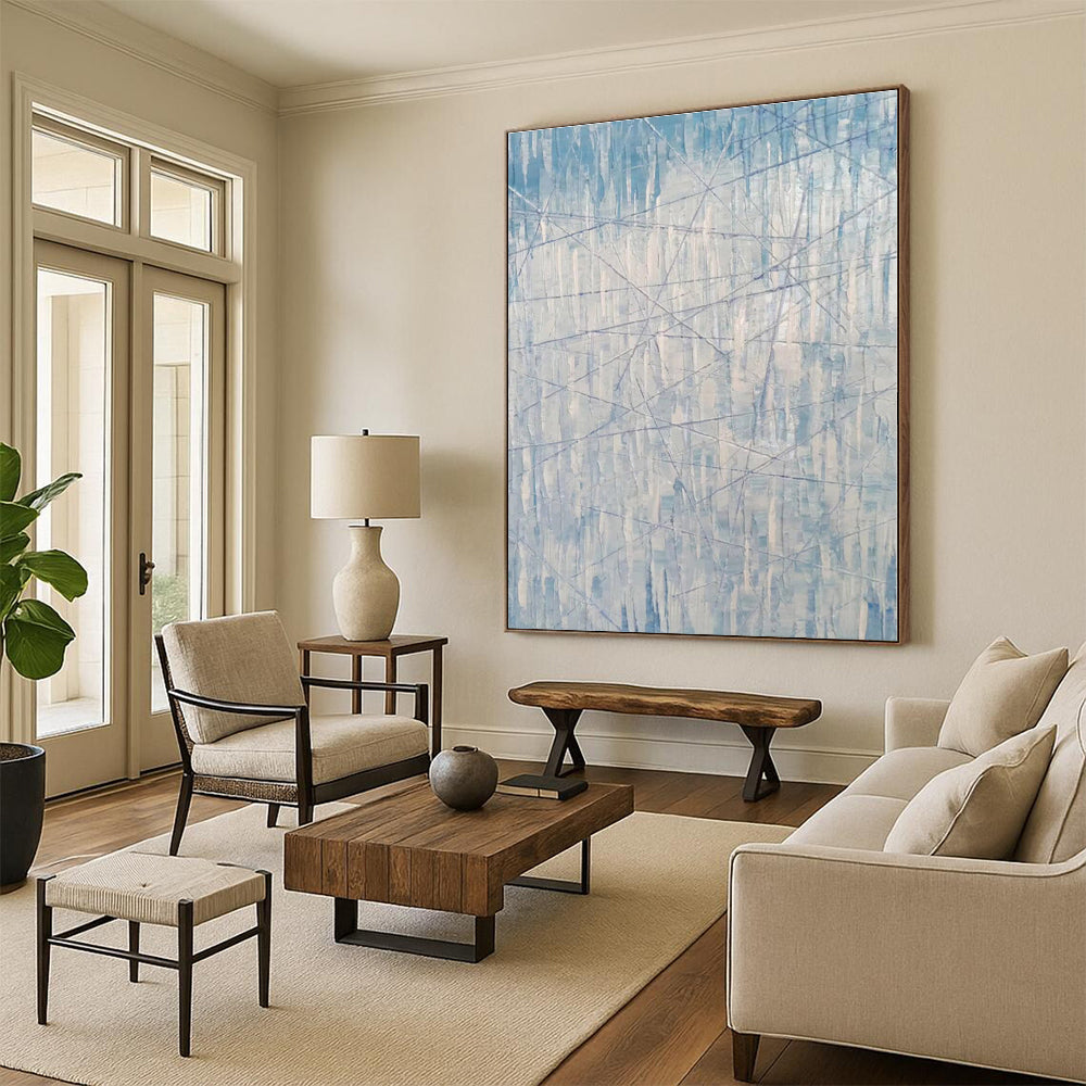 “Blue - White Linear Abstraction” - Blue, White Abstract Painting On Canvas PS0475