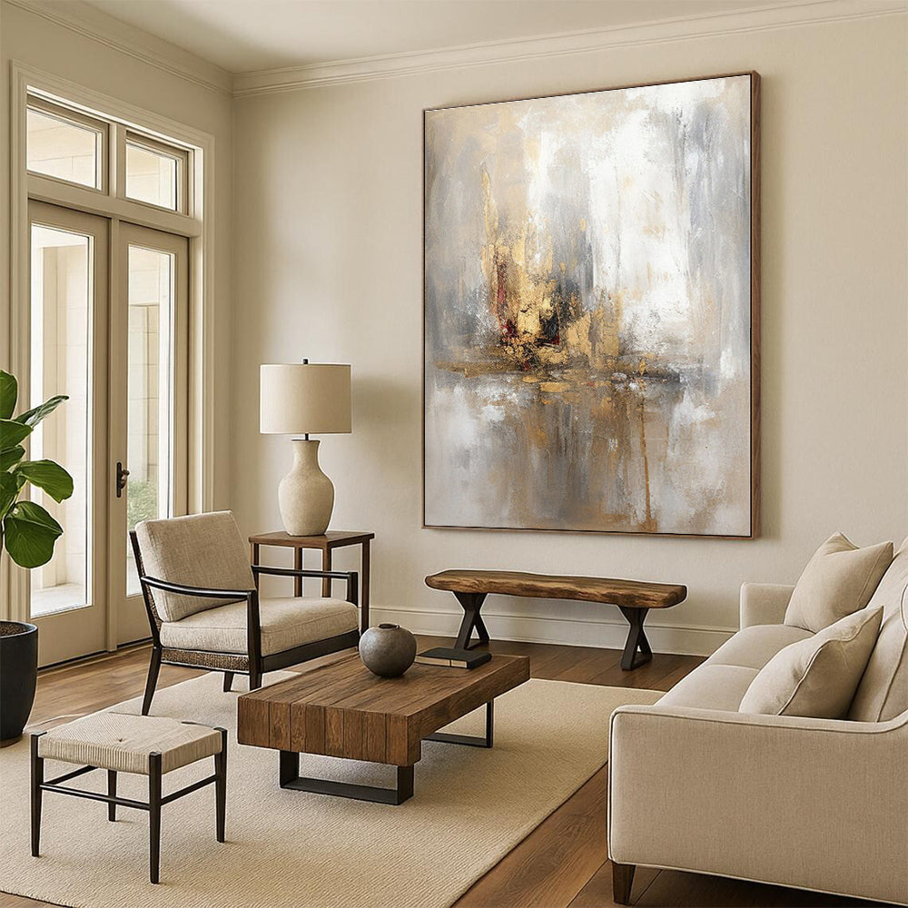 “Gold - Beige Reflective Abstract” - Gold, Beige, Gray Abstract Impressionist Painting On Canvas PS0570