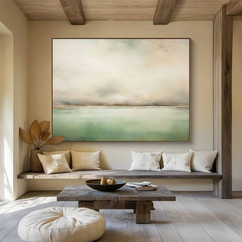 Soft Green and Beige Abstract Seascape Minimalist Seascape Painting On Canvas DKS159