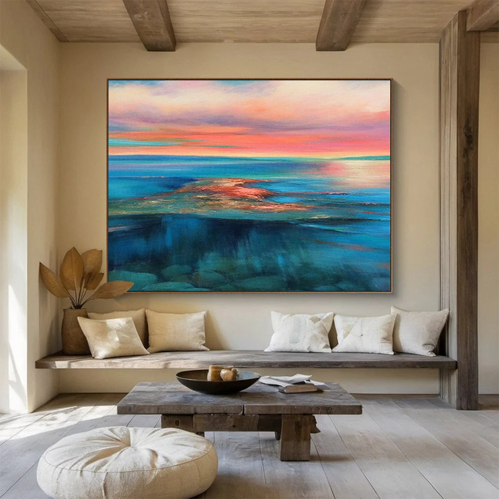 “Vibrant Coastal Sunset in Pinks, Oranges & Blues” - Colorful Seascape Oil Painting On Canvas PT024