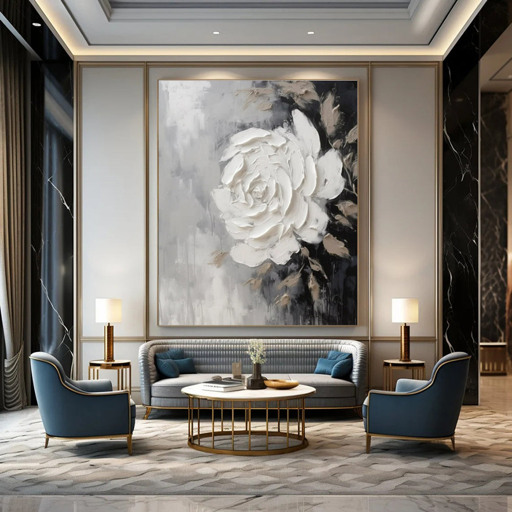 Gray, Black, Beige with Textured White Rose "Tactile Bloom" Abstract Painting On Canvas PS1466