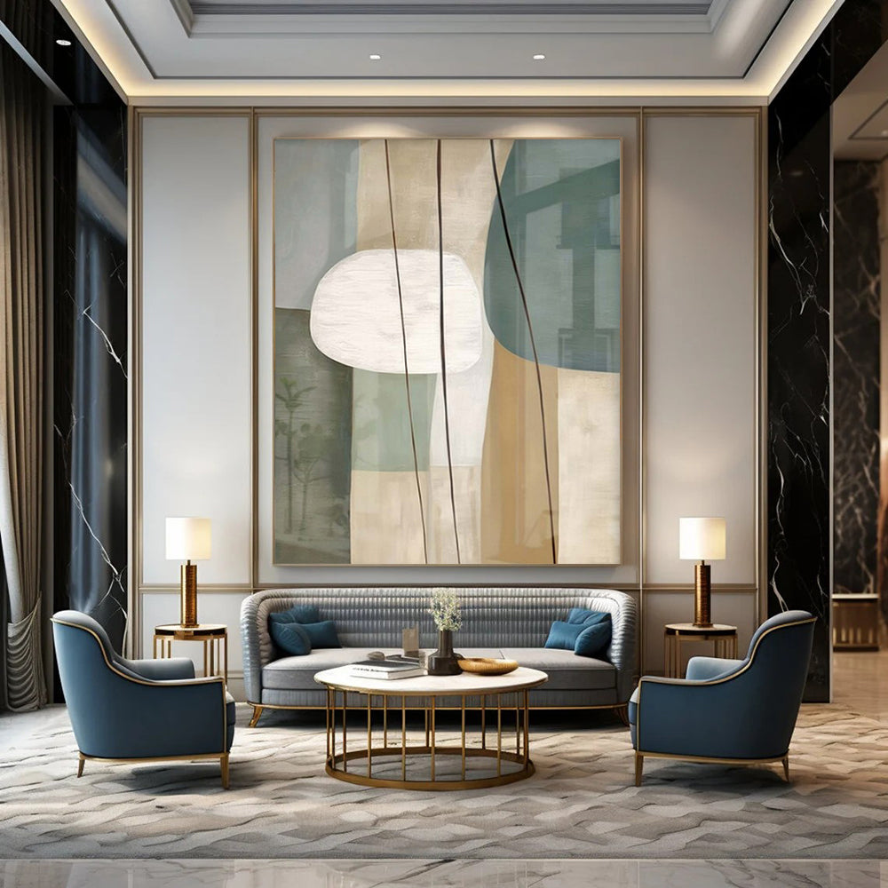 Light Green, Beige, White, and Gray Shapes "Nature's Geometry" Abstract Geometric Painting On Canvas PS1053