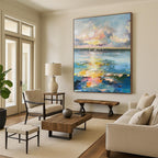 “Colorful Impasto Sunset Ocean with Sailboats” - Impasto Seascape Painting On Canvas PT1896