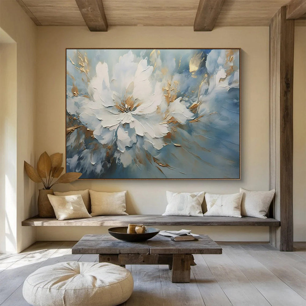 “White Flower with Blue - Gold Background” - Impasto Floral - Painting On Canvas PT1756