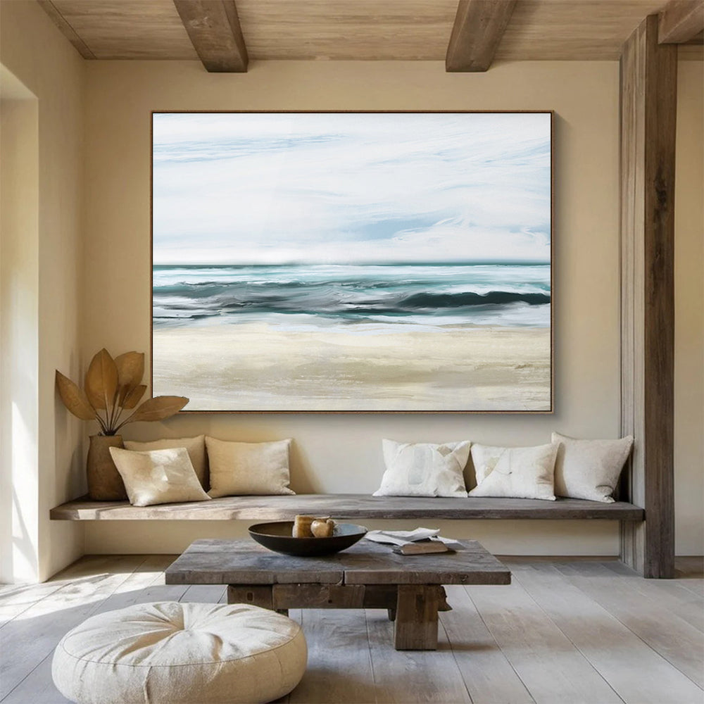 “Soft Blue and Beige Seaside Landscape” - Impressionistic Seascape Painting On Canvas PT128