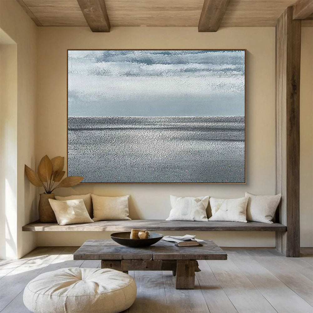 “Monochrome Sea Horizon” - Gray & Blue Abstract, Minimalist Oil Painting On Canvas DKS749