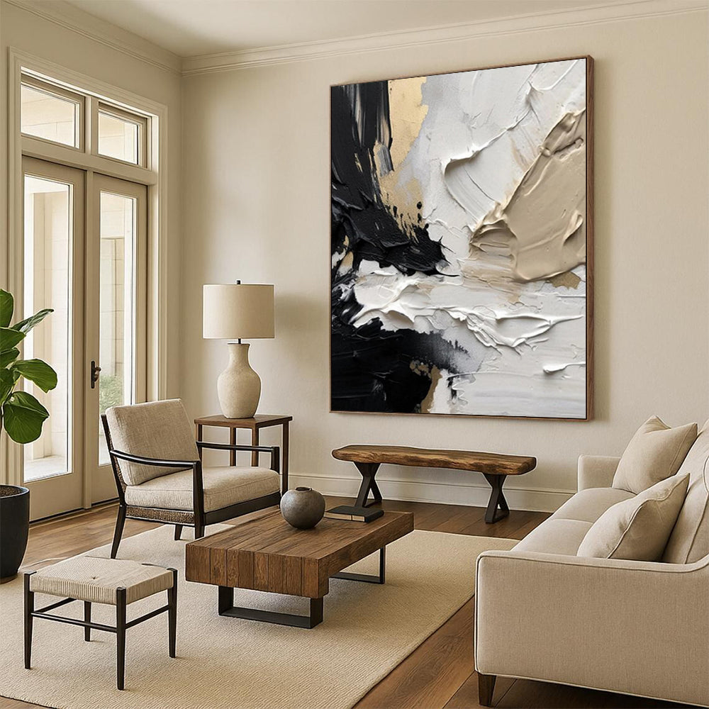 “Black, White & Gold Textured Abstract” - Luxe Abstract Painting On Canvas DS301