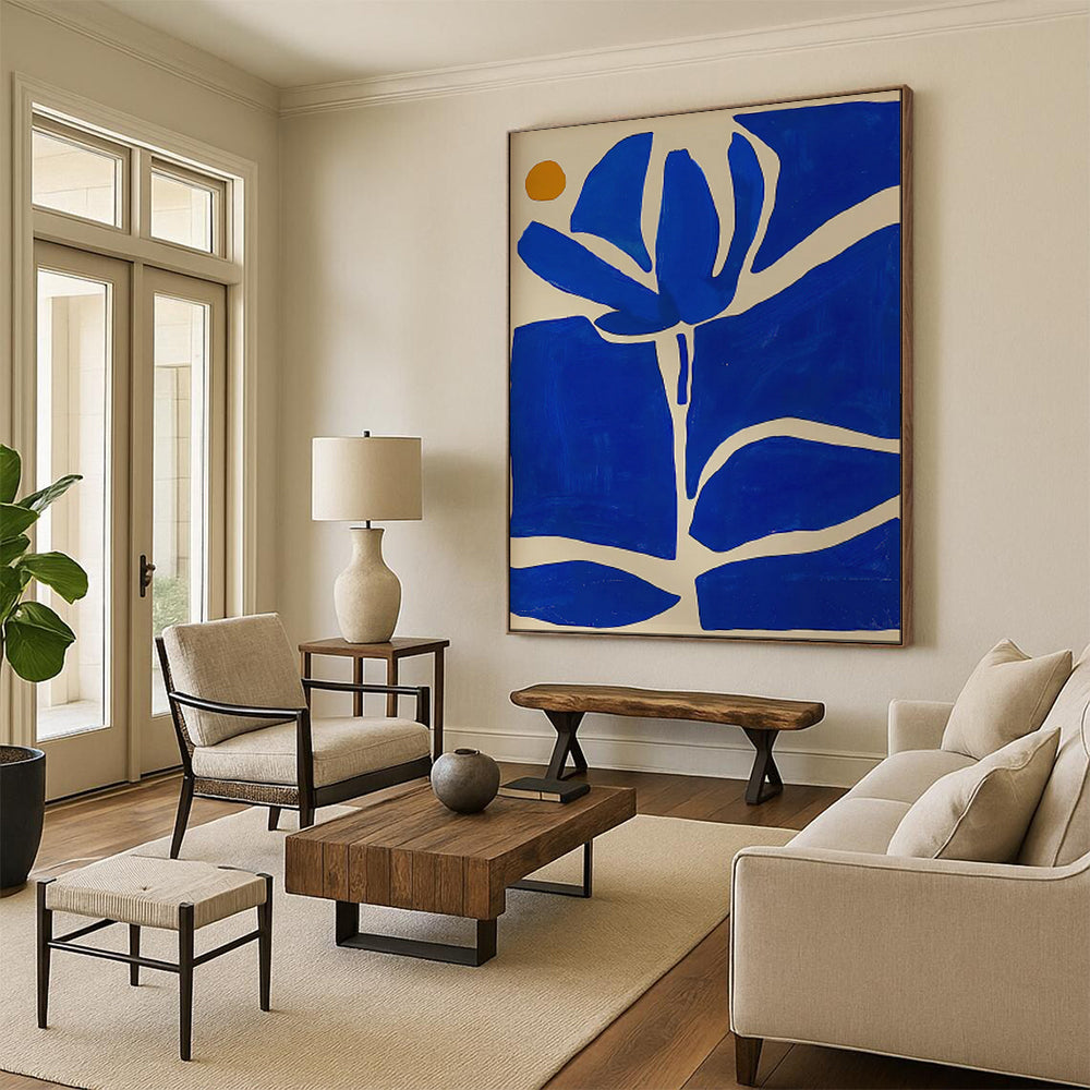 “Blue and Orange Floral Silhouette” - Minimalist Floral Painting On Canvas PT1834