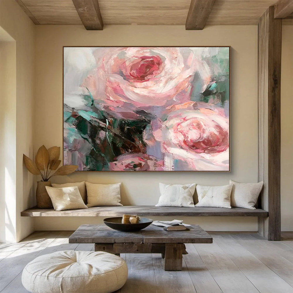 “Soft Pink Rose Blooms” - Pink, Purple & Green Floral, Impressionistic Oil Painting On Canvas DKS724