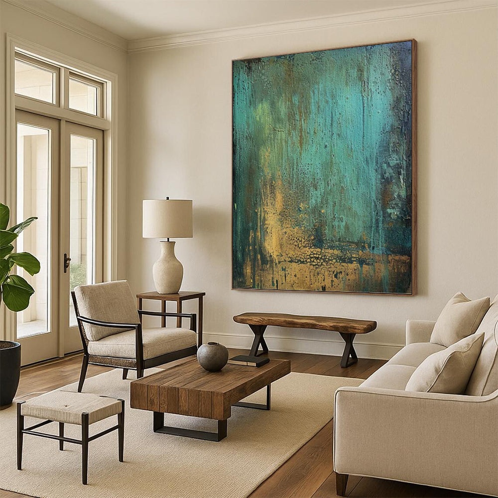 “Teal - Gold Textured Fusion” - Textured Abstract Painting On Canvas PT1194
