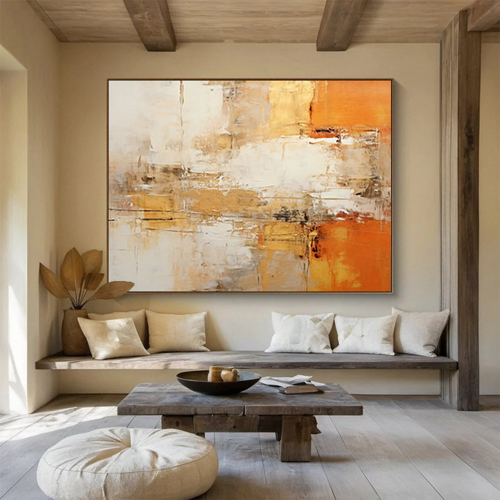 “Warm Orange and Beige Abstract Layers” - Impasto Abstract Painting On Canvas PT096