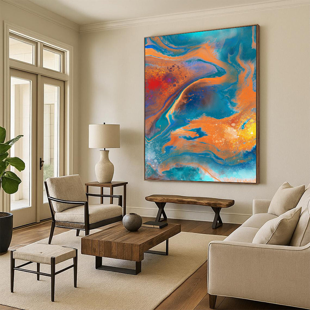 “Vibrant Swirls: Blue, Orange, and Red Abstract” - Fluid Art - Style Painting On Canvas PT0940