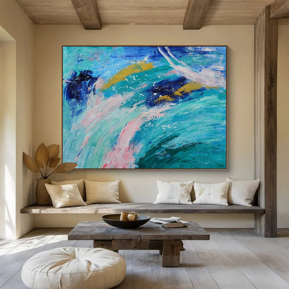 Ocean Waves Abstract: Blue, Green & Pink Expressionist Painting for Beach House & Coastal Café DKS654