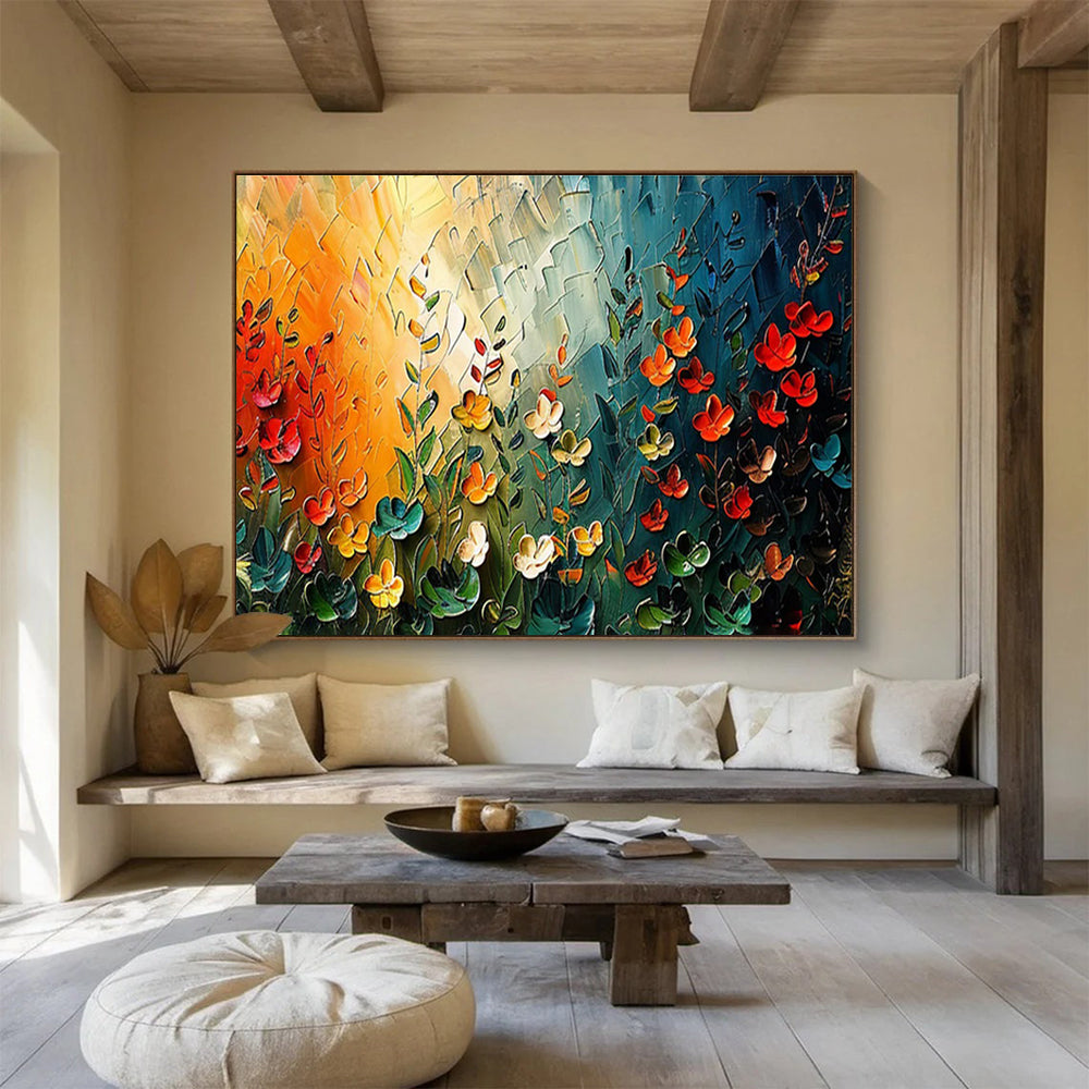 “Sunset Garden Fantasia” - Orange, Green & Red Floral, Textured Flower Palette Knife Painting On Canvas DKS687