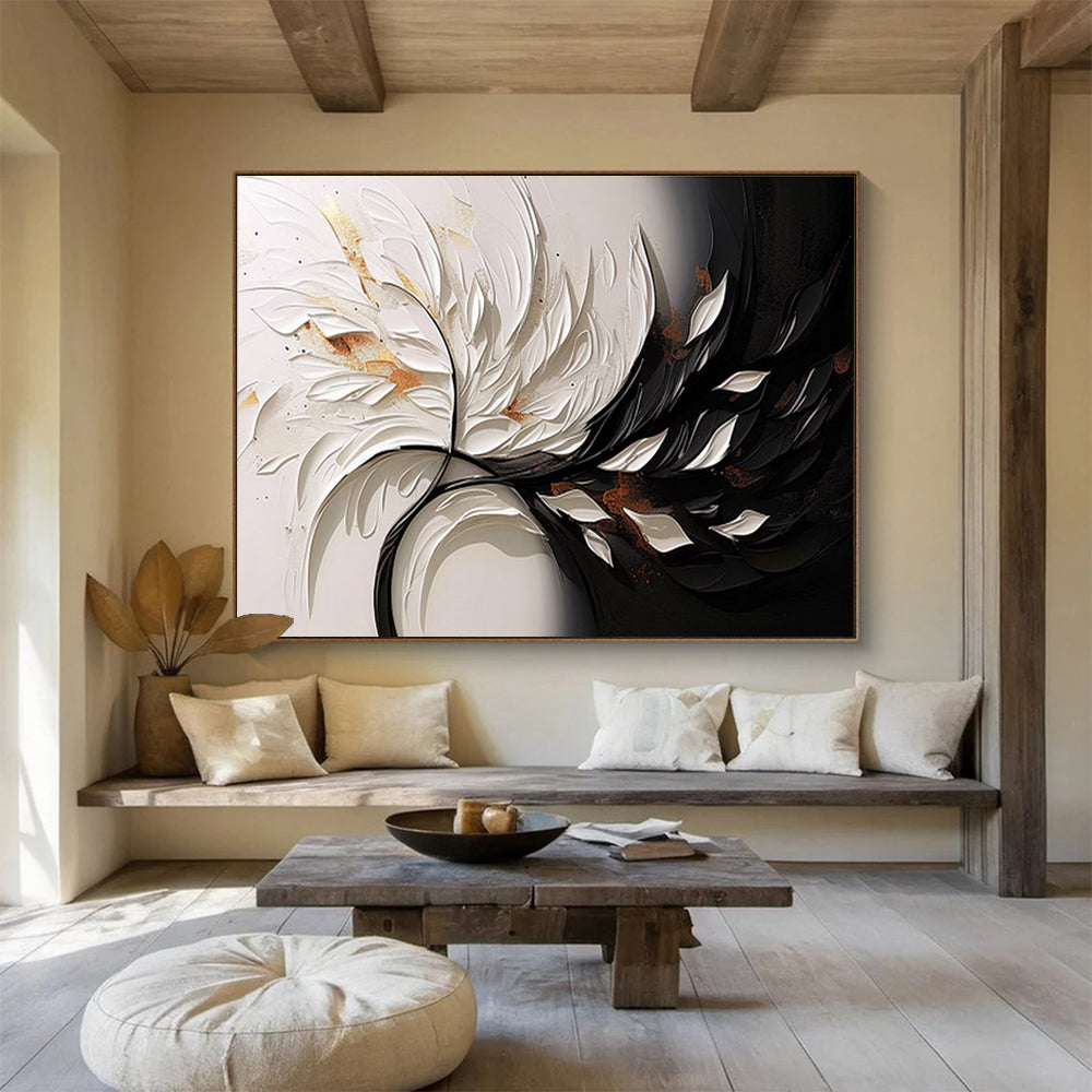 “3D Floral Contrast” - White, Black & Gold Floral, Textured Mixed - Media Painting On Canvas DKS746