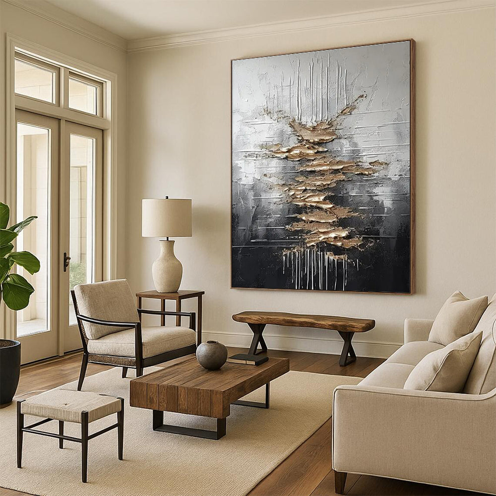 Silver, Black & Gold Textured Abstract "Metallic Cascade" Painting On Canvas PS0864