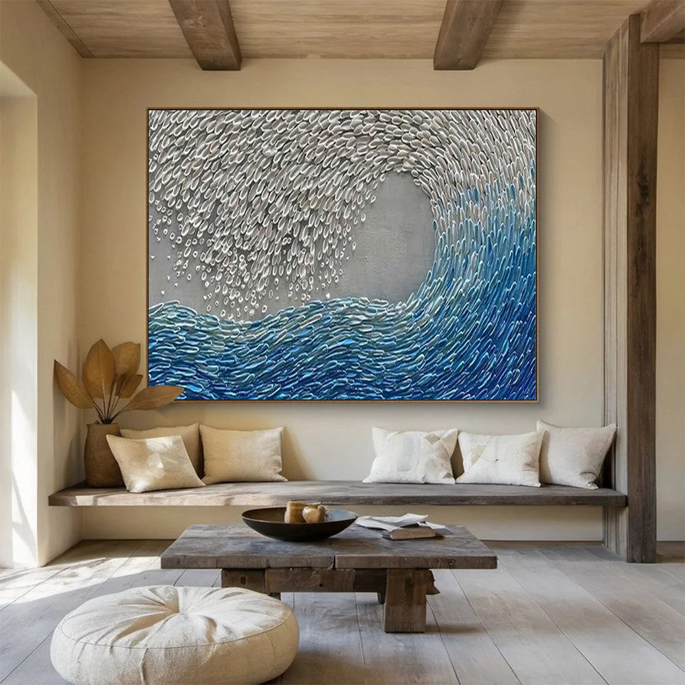 “Blue - Silver Abstract Wave” - Metallic Ocean “Tidal Gleam” Painting On Canvas PT1654
