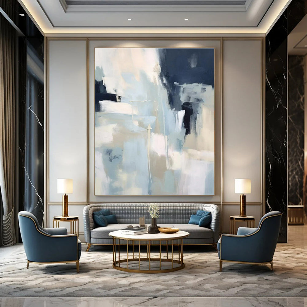 Light Blue, White, Dark Blue with Abstract Shapes "Blue Whisper" Abstract Painting On Canvas PS1334