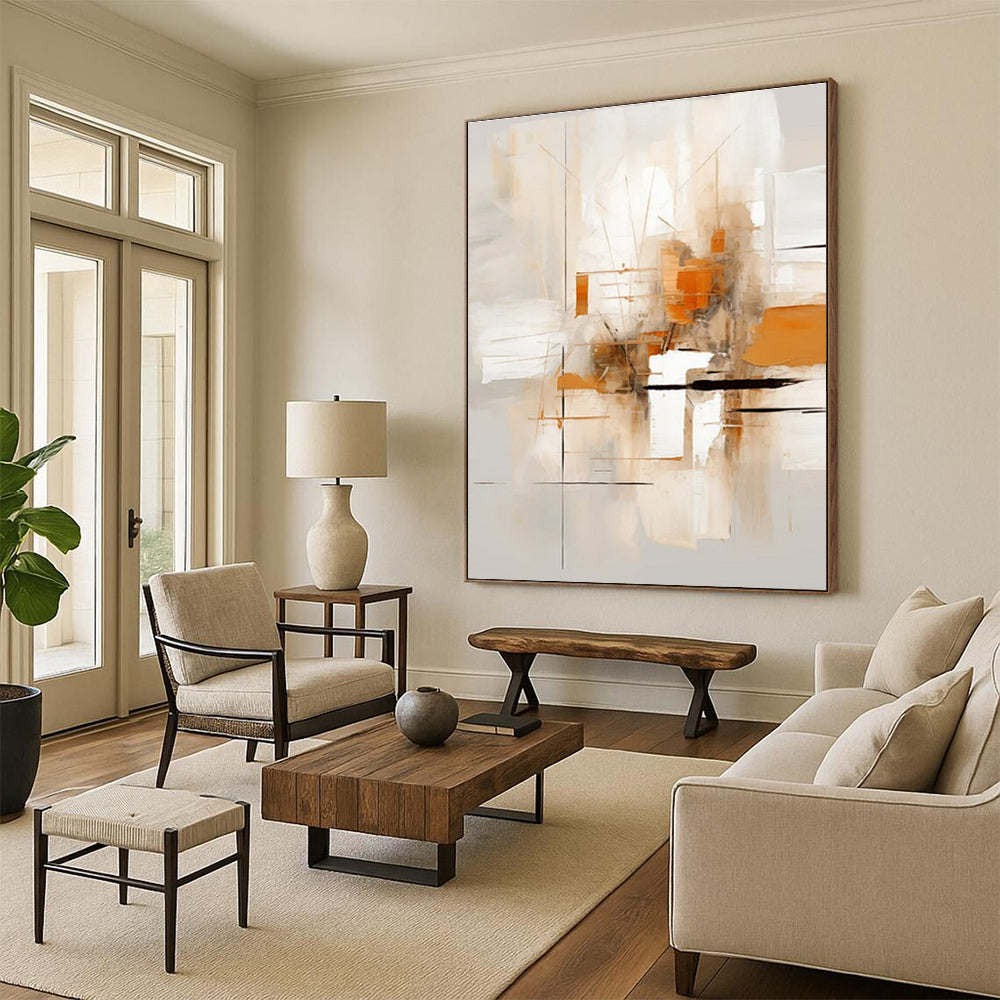 Beige, Orange & Grey Abstract Lines Painting On Canvas PS0823