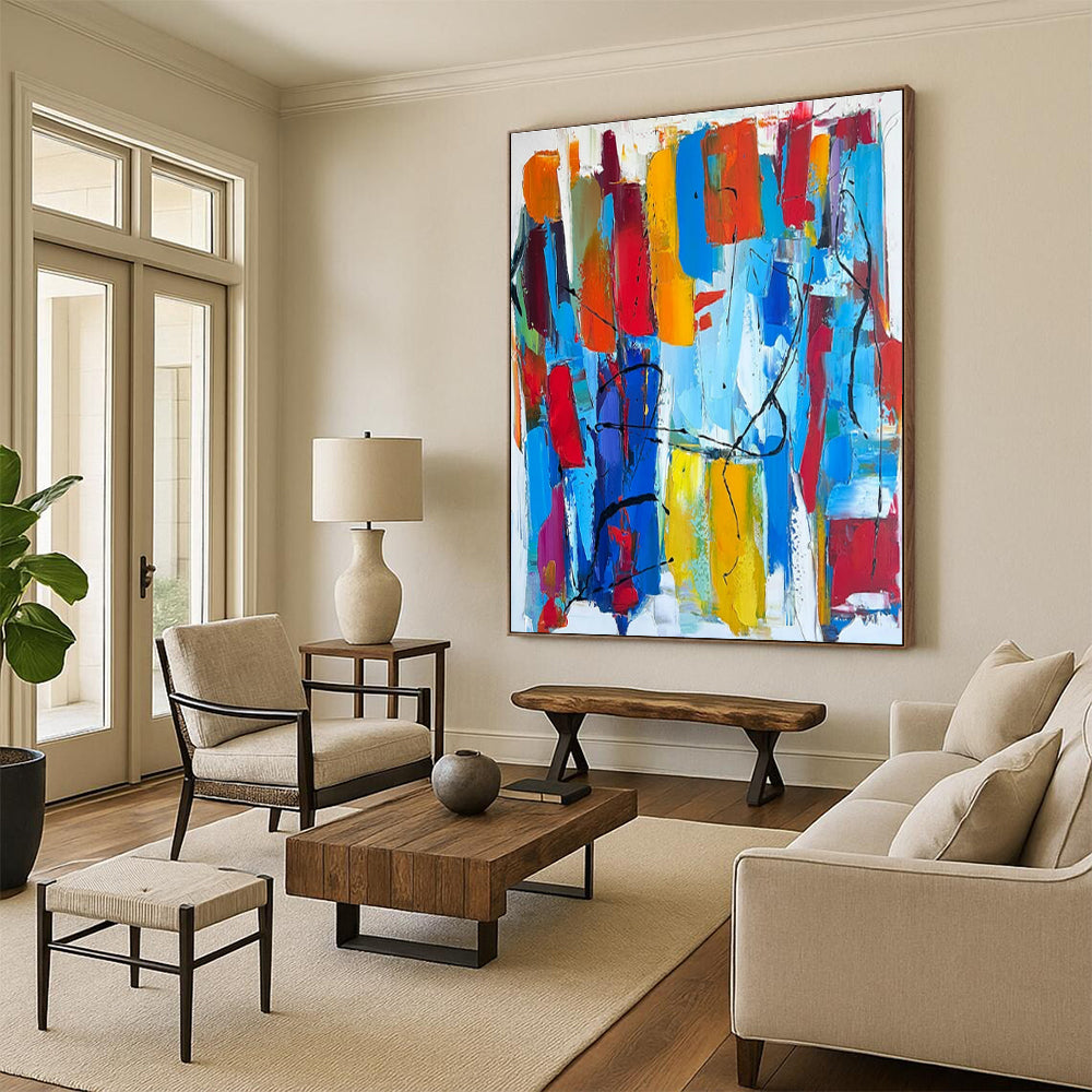 “Colorful Abstract Carnival” - Multicolor, Red, Blue, Yellow, Orange Abstract Expressionist Painting On Canvas PS0646