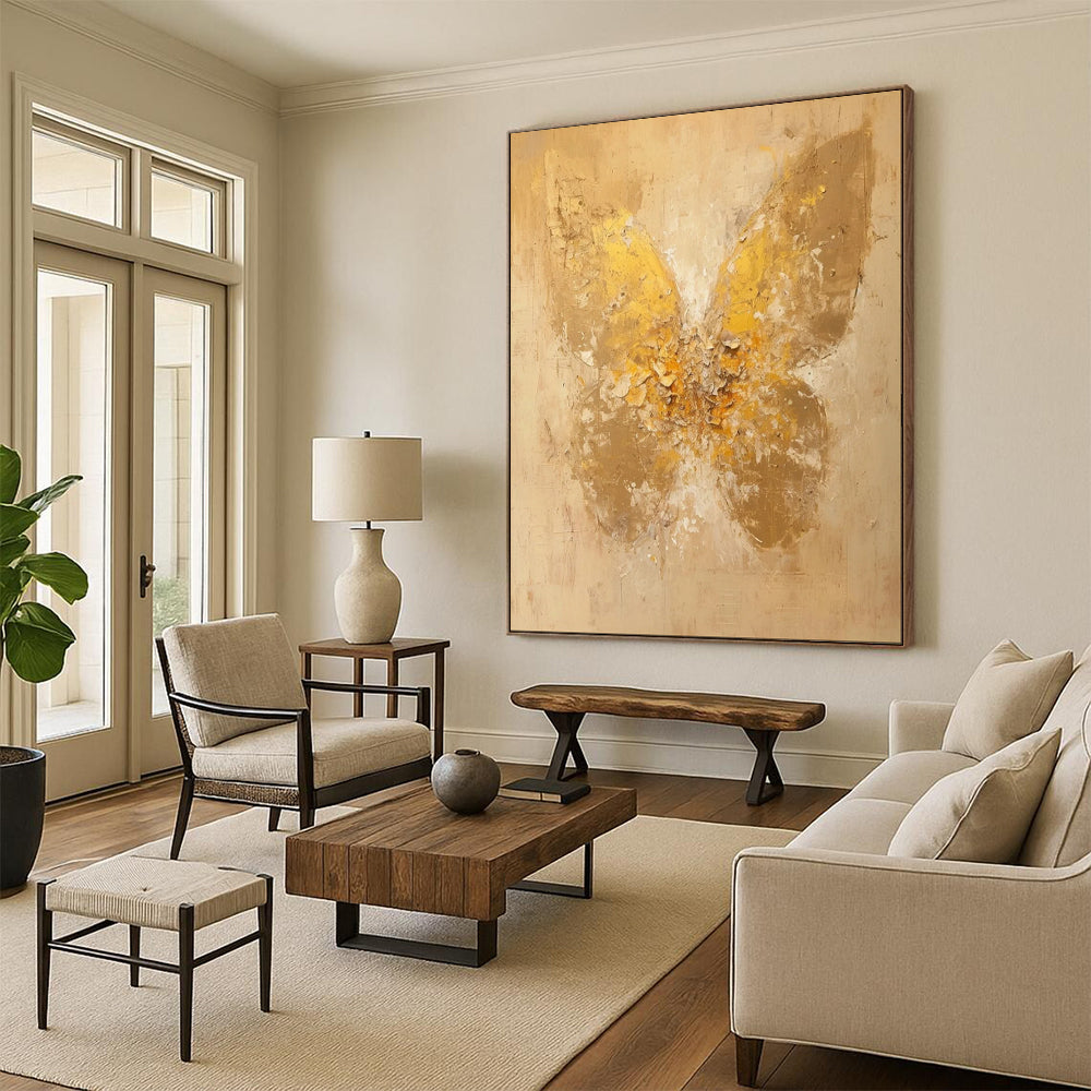 “Textured Gold Butterfly on Beige” - Abstract Insect Painting On Canvas PT1899