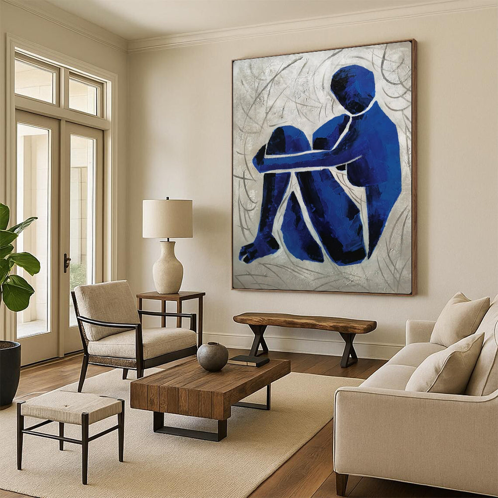 “Blue Figure in Grass” - Textured Acrylic Painting On Canvas PT2166