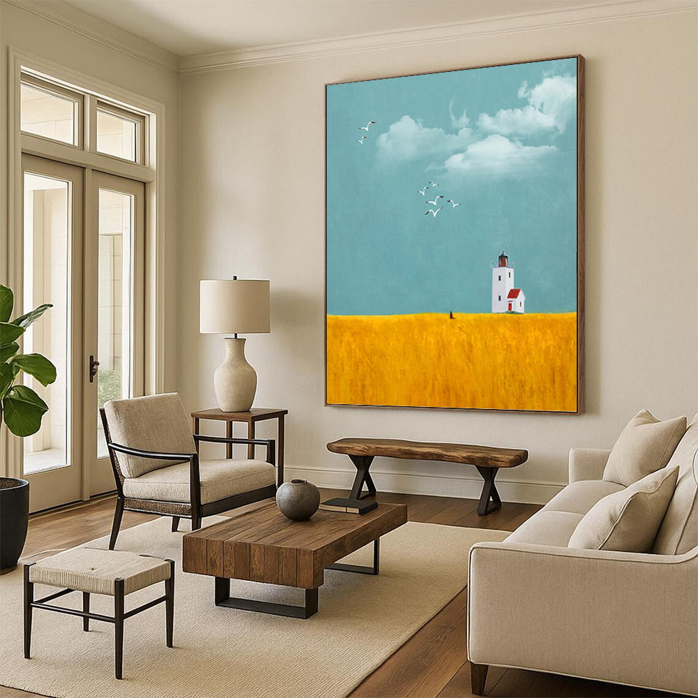 “Lighthouse in Yellow Field” - Minimalist - Inspired Landscape Painting On Canvas PT1429