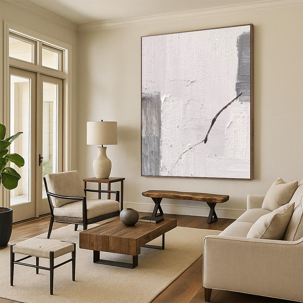 “White, Grey, and Curved Line” - Minimalist Line - Focused Painting On Canvas DS363