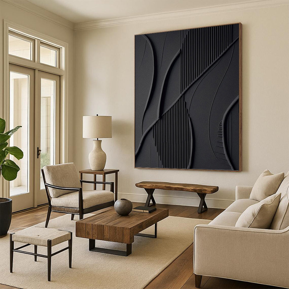 “Black Modern Curves” - Black, Textured Abstract Shapes Painting On Canvas PT1465