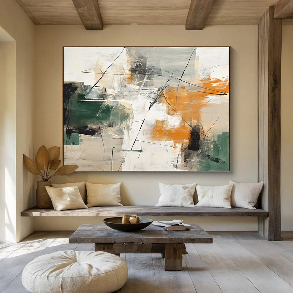 “Green, Orange, and Gray Abstract Strokes” - Expressive Abstract Painting On Canvas PT100