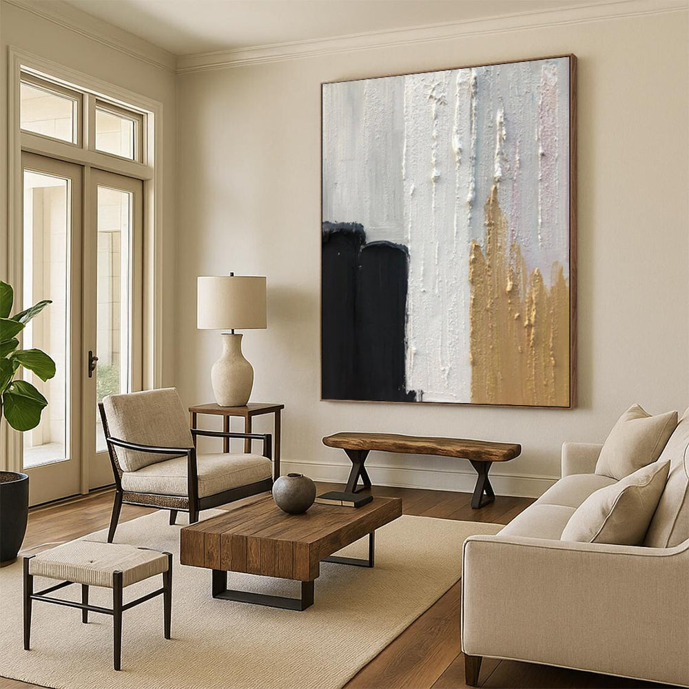 “Earthy Tones: Black, White, Gold Abstract” - Opulent Abstract Painting On Canvas DS397
