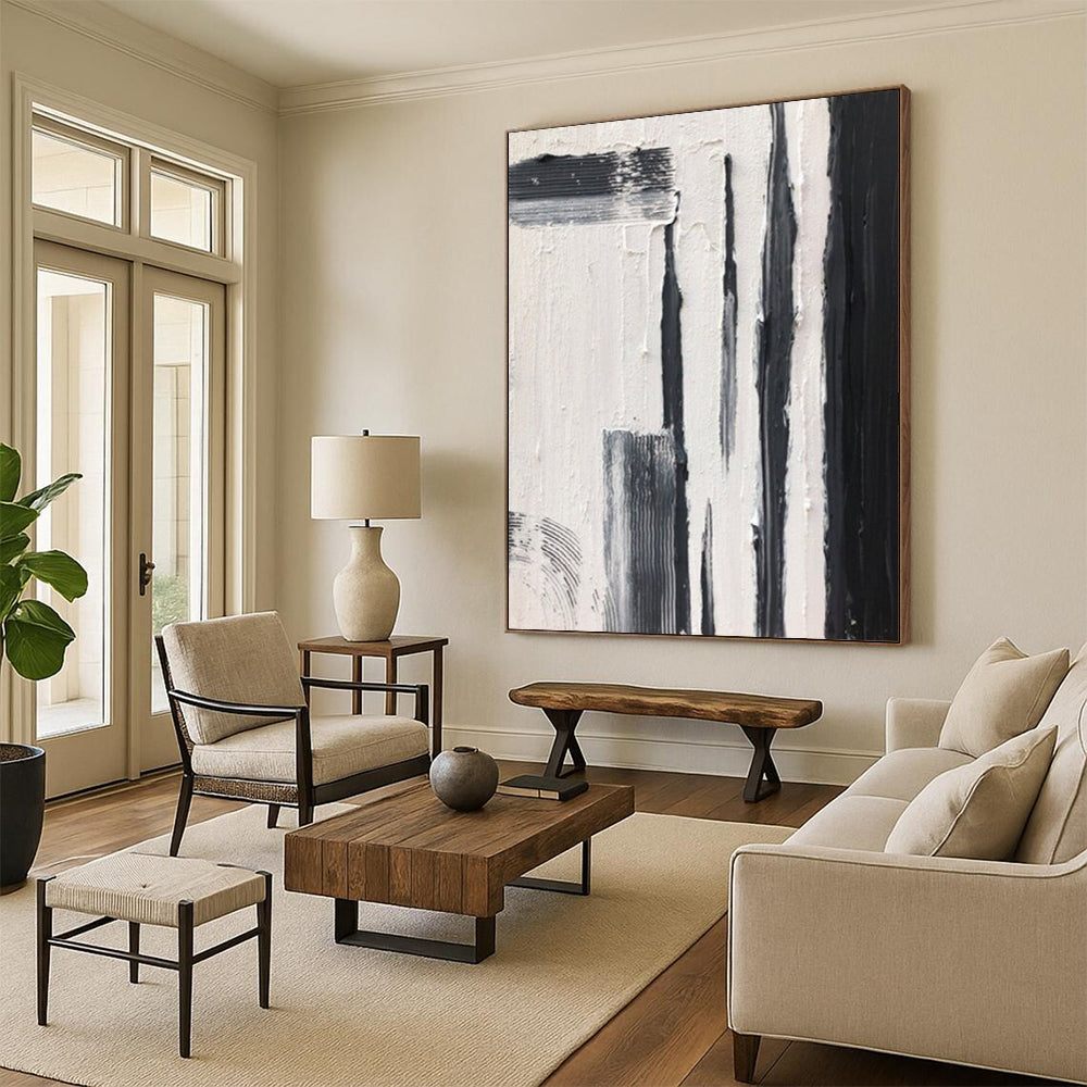 “Black and White Vertical Strokes” - Bold Minimalist Painting On Canvas DS367