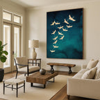 “Golden Cranes on Teal” - Nature - Inspired Painting On Canvas PT1919